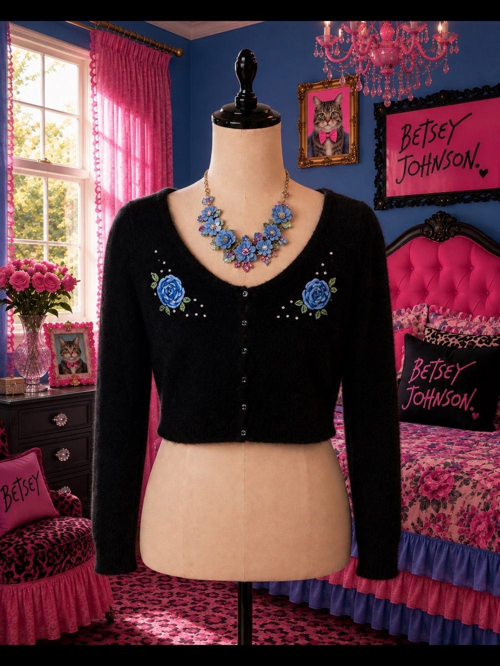 Vintage Y2K Rabbit hair Betsey Johnson Black Cropped Embroidered Cardigan Sweate